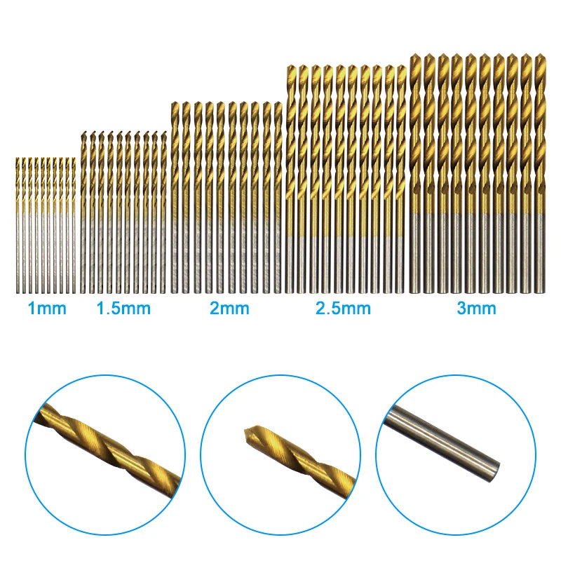 50pc titanium plated twist drill set 1-3mm small drill bit electric drill drilling set DIY woodworking drilling and opening tool